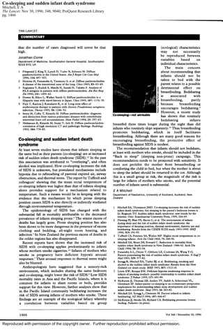 Co-sleeping and sudden infant death syndrome
Mitchell, E A
The Lancet; Nov 30, 1996; 348, 9040; ProQuest Research Library
pg. 1466




Reproduced with permission of the copyright owner. Further reproduction prohibited without permission.
 
