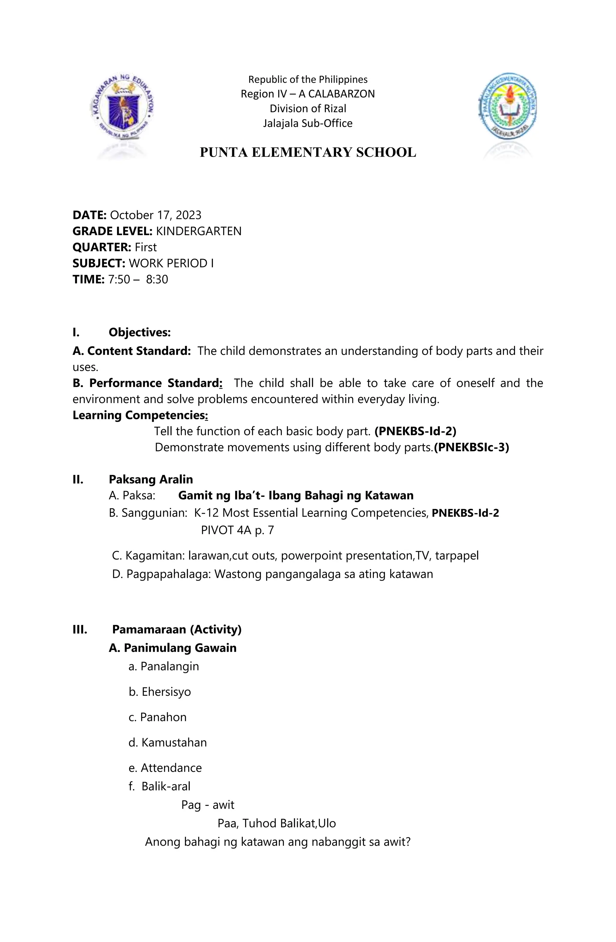 LESSON PLAN IN KINDERGATREN FIRST QUARTER AND SECOND QUARTER | DOCX