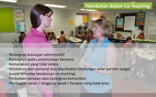 Kurangnya dukungan administratif 
Kurangnya waktu perencanaan bersama 
Kemampuan yang tidak setara 
Ketidakcocokan personal atau kepribadian (hubungan antar partner sangat krusial terhadap kesuksesan co-teaching) 
Perbedaan persepsi atau kurangnya komunikasi 
Pembagian peran / tanggung jawab / harapan yang tidak jelas 
Hambatan dalam Co-Teaching  