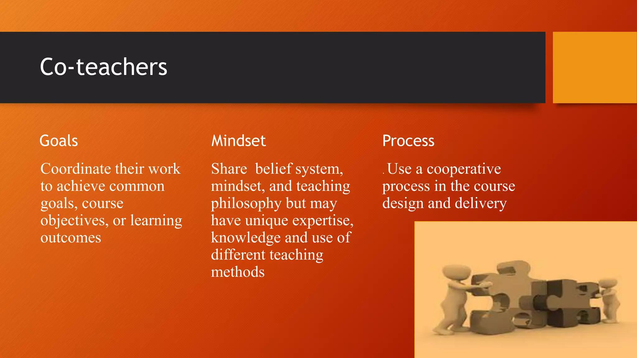 Co-teachers
Goals
Coordinate their work
to achieve common
goals, course
objectives, or learning
outcomes
Mindset
Share belief system,
mindset, and teaching
philosophy but may
have unique expertise,
knowledge and use of
different teaching
methods
Process
. Use a cooperative
process in the course
design and delivery
 