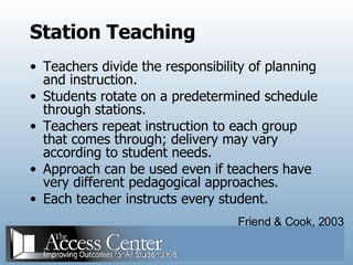 Station Teaching Teachers divide the responsibility of planning and instruction. Students rotate on a predetermined schedule through stations. Teachers repeat instruction to each group that comes through; delivery may vary according to student needs. Approach can be used even if teachers have very different pedagogical approaches. Each teacher instructs every student. Friend & Cook, 2003 
