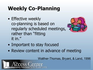 Weekly Co-Planning Effective weekly co-planning is based on  regularly scheduled meetings, rather than “fitting it in.” Important to stay focused Review content in advance of meeting Walther-Thomas, Bryant, & Land, 1996 