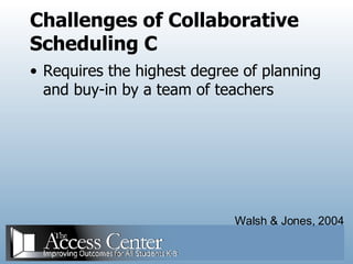 Challenges of Collaborative Scheduling C Requires the highest degree of planning and buy-in by a team of teachers Walsh & Jones, 2004 