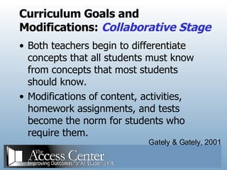 Curriculum Goals and Modifications:  Collaborative Stage Both teachers begin to differentiate concepts that all students must know from concepts that most students should know. Modifications of content, activities, homework assignments, and tests become the norm for students who require them. Gately & Gately, 2001 