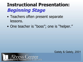 Instructional Presentation: Beginning Stage Teachers often present separate lessons. One teacher is “boss”; one is “helper.” Gately & Gately, 2001 