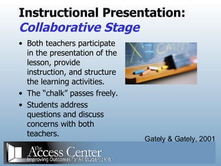 Instructional Presentation: Collaborative Stage Both teachers participate in the presentation of the lesson, provide instruction, and structure the learning activities. The “chalk” passes freely. Students address questions and discuss concerns with both teachers. Gately & Gately, 2001 