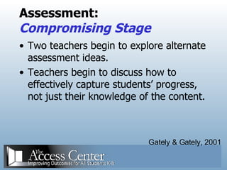 Assessment: Compromising Stage Two teachers begin to explore alternate assessment ideas. Teachers begin to discuss how to effectively capture students’ progress, not just their knowledge of the content. Gately & Gately, 2001 