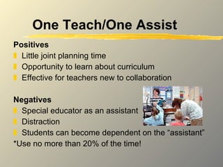 One Teach/One Assist Positives Little joint planning time Opportunity to learn about curriculum  Effective for teachers new to collaboration Negatives Special educator as an assistant Distraction Students can become dependent on the “assistant” *Use no more than 20% of the time! 