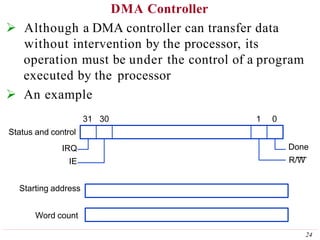 DMA Controller
 Although a DMA controller can transfer data
without intervention by the processor, its
operation must be under the control of a program
executed by the processor
 An example
31 30 1 0
Status and control
IRQ
IE
Starting address
Word count
Done
R/W
24
 
