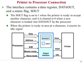 Printer to Processor Connection
 The interface contains a data register, DATAOUT,
and a status flag, SOUT
 The SOUT flag is set to 1 when the printer is ready to accept
another character, and it is cleared to 0 when a new
character is loaded into DATAOUT by the processor
 When the printer is ready to acce pt a character, it asserts its
idle signal
Processor
DATAOUT
SOUT
Output
Interface
Data
Address
Master-ready
Slave-ready
R/W Printer
Idle
Data
Valid
41
 
