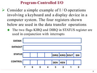 Program-Controlled I/O
 Consider a simple example of I / O operations
involving a keyboard and a display device in a
computer system. The four registers shown
below are used in the data transfer operations
 The two flags KIRQ and DIRQ in STATUS register are
used in conjunction with interrupts
DATAIN
DATAOUT
STATUS
CONTROL
DIRQ KIRQ SOUT SIN
9
DEN KEN
7 6 5 4 3 2 1 0
 