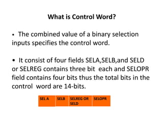What is Control Word?
• The combined value of a binary selection
inputs specifies the control word.
• It consist of four fields SELA,SELB,and SELD
or SELREG contains three bit each and SELOPR
field contains four bits thus the total bits in the
control word are 14-bits.
SEL A SELB SELREG OR
SELD
SELOPR
 
