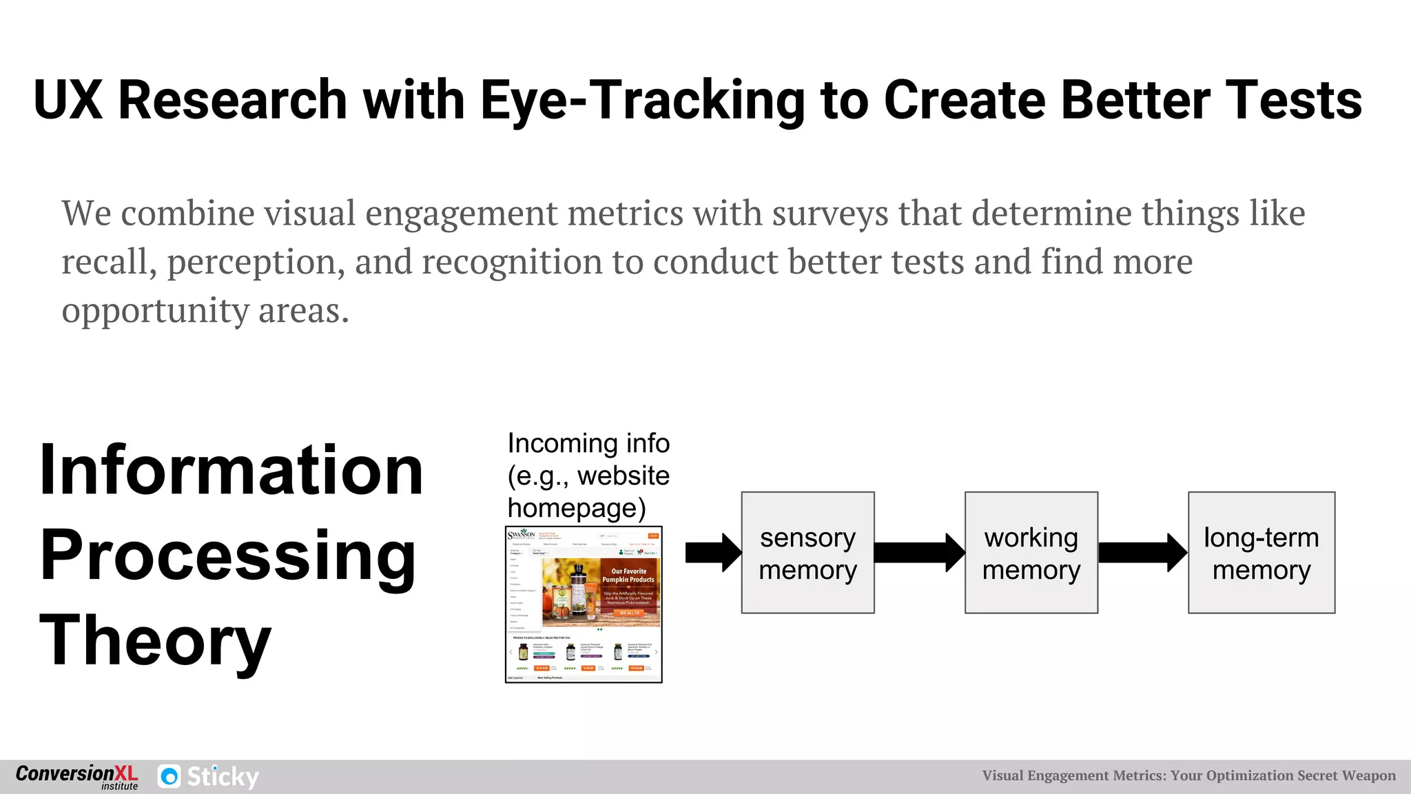Visual Engagement Metrics: Your Optimization Secret Weapon
UX Research with Eye-Tracking to Create Better Tests
We combine visual engagement metrics with surveys that determine things like
recall, perception, and recognition to conduct better tests and find more
opportunity areas.
Information
Processing
Theory
Incoming info
(e.g., website
homepage)
sensory
memory
working
memory
long-term
memory
 
