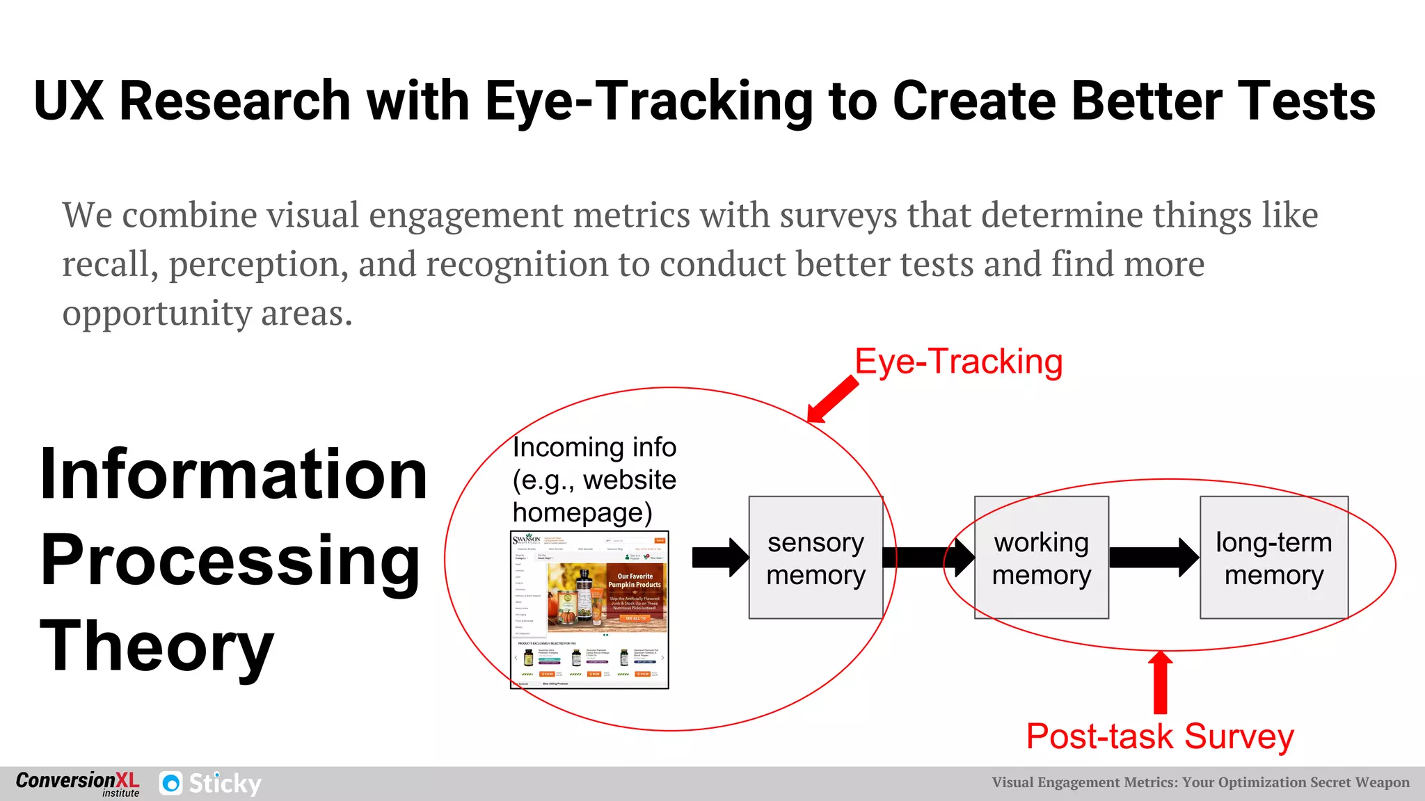 Visual Engagement Metrics: Your Optimization Secret Weapon
UX Research with Eye-Tracking to Create Better Tests
We combine visual engagement metrics with surveys that determine things like
recall, perception, and recognition to conduct better tests and find more
opportunity areas.
Information
Processing
Theory
Incoming info
(e.g., website
homepage)
sensory
memory
working
memory
long-term
memory
Eye-Tracking
Post-task Survey
 