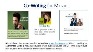 Co-Writing for Movies
Above three film scripts can be viewed on www.slideshare.net. After co-writing or
augmented writing, movie producers or production houses like MI Films can produce
blockbusters for Pakistani and Overseas Pakistanis audience.
 