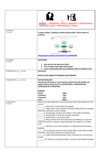 3. 6. '
ANSWER: 1. FRIENDSHIP 2. FAMILY 3. ROMANTIC 4. PROFESSIONAL 5.
FRIENDSHIP 6. SELF 7. PROFESSIONAL 8. FAMILY
4.2 Activity
10 minutes A video entitled, ”Building A Healthy Relationship” will be shown to
students.
https://www.youtube.com/watch?v=ELLaMPiPqPM
4.3 Analysis.
15 minutes
QUESTIONS:
1. How do you feel about the video?
2. Does it imply responsible relationship?
3. Is your relationship with your significant other is healthy or not?
4.4 Abstraction (_10___ minutes). Discussion:
WHAT DO WE MEAN BY PERSONAL RELATIONSHIP?
4.5 Application (__15__ minutes). PICTURE ANALYSIS:
Each group will be given a set of pictures which they will identify and
explain infront of the class if it is ACCEPTABLE or UNACCEPTABLE
EXPRESSION OF ATTRACTION.
RUBRICS:
Clarity - 10pts.
Timeliness - 5pts.
Teamwork - 5pts.
Total - 20pts.
5. Assessment
10 minutes
Write True if the statement is correct and write False if the statement is not
correct.
_______1. Attraction is a force that unite people.
_______2. Alpha males show a specific set of personality like trait, including
directness, dedication, which strength.
_______3. Companions can go to one another in the midst of hardship.
_______4. People differ in what they consider attractive.
_______5. Relationship is a one-way traffic.
_______6. Many women claim that when they are looking for a long term
relationship partner, they are simply looking for the opposite of an alpha
male
_______7. Affection is one of the qualities in a relationship that everyone
looks for.
_______8. According to research study, people differ in what they consider
attractive, and cultural influences on attractiveness
_______9. Ladies with broad shoulders and a small waist are not attractive
to men
_______10. Intimacy is a sharing of details, emotions and intimate thoughts
 