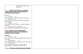 group and everyone in the
classroom.
Group 1-Make a short song or a rap your
appreciation of heat and describing the
methods of heat transfer.
Rubrics:
 Content -15
(The song / rap show connection to the topic.)
 Creativity -10
(The student composed an original song with a
clear theme.)
 Melody -10
(The melody of the song has a unique/pleasing
sound)
 Stage Presence (Confidence) -5
(The students show confidence at all times.)
Group 2- Make a poem showing your
appreciation of heat and describing the
methods of heat transfer.
Rubrics:
 Content- 20
(The content should be meaningful and related on
the topic.)
 Organization -10
(The ideas should be interrelated with each other.)
 Creativity-10
(The students must have a unique way in
describing the methods of heat transfer .)
Group3- Create a poster showing the benefits
 