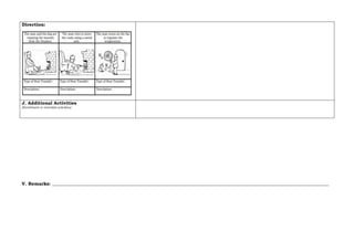 Direction:
J. Additional Activities
(Enrichment or remedial activities)
V. Remarks: __________________________________________________________________________________________________________________________
 