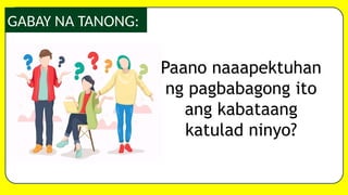 GABAY NA TANONG:
Paano naaapektuhan
ng pagbabagong ito
ang kabataang
katulad ninyo?
 