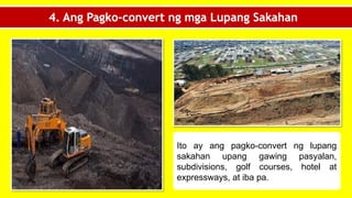 4. Ang Pagko-convert ng mga Lupang Sakahan
Ito ay ang pagko-convert ng lupang
sakahan upang gawing pasyalan,
subdivisions, golf courses, hotel at
expressways, at iba pa.
 