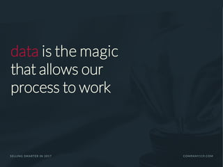 data is the magic
that allows our
process to work
SELLING SMARTER IN 2017 COMPANY119.COM
 