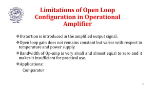 Limitations of Open Loop
Configuration in Operational
Amplifier
Distortion is introduced in the amplified output signal.
Open loop gain does not remains constant but varies with respect to
temperature and power supply.
Bandwidth of Op-amp is very small and almost equal to zero and it
makes it insufficient for practical use.
Applications:
Comparator
14
 