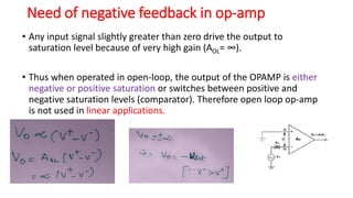 Need of negative feedback in op-amp
• Any input signal slightly greater than zero drive the output to
saturation level because of very high gain (AOL= ∞).
• Thus when operated in open-loop, the output of the OPAMP is either
negative or positive saturation or switches between positive and
negative saturation levels (comparator). Therefore open loop op-amp
is not used in linear applications.
 