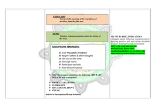  After the group presentation, the following LITERARY
DEVICES will be deepened
 CHARACTERIZATION
 SYMBOLISM
 SITUATIONAL IRONY
 THEME
Rubrics in Participation/Group Activities:
MT I-IV RUBRIC, INDICATOR 4
-Manages learner behaviour constructively by
applying positive and non-violent discipline
to ensure learning-focused environment.
MOV---To avoid and prevent
misbehaviour, house rules/
standards/guidelines are set before the
class starts or before doing an activity.
GROUPWORK REMINDERS:
G- Give thoughtful feedback
R- Respect others & their thoughts
O- On task all the time
U- Use soft voices
P- Participate actively
S- Stay with your group
YMBOLISM-
Interpret the meaning of the real diamond
necklace from the fake one.
HEME-
Produce a slogan/quotation about the theme of
the story
 