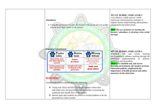 Attendance
 Using the attendance tracker, the learners will just go directly to the
area to move their names in the tracker
Learning Commitment
REMINDERS:
Teacher will remind students about the following:
 Group task which includes Classroom Keepers where their
individual roles are presented to aid the teacher in ensuring the
organized and smooth flow of the session
 Special signs and symbols are shown to remind students to do the
prescribed act when needed.
MT I-IV RUBRIC, INDICATOR 3
-Use effective verbal and non verbal
classroom communication strategies to
support learner understanding, participation,
engagement and achievement
MOV The use of picture in tracking the
learners' attendance is showing a non-verbal
message
MT I-IV RUBRIC, INDICATOR 4
-Establish safe and secure learning
environments to enhance learning through the
consistent implementation of policies,
guidelines and procedures.
MOV---To establish safe and secure
learning environment, the teacher presents
classroom policies, emphasized the
importance of health protocol and safety
measures in the classroom
 