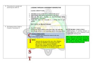 D. Discussing new concepts and
practicing new skills #2 LOOKING THROUGH A DIFFERENT PERSPECTIVE
(Another GROUP TASK)
 How does money or lack of it is shown in the story?
 How is social class being emphasized in the story?
 How do the poor, invisible, or disenfranchised being
characterized in the story?
 Prove that class and inequality is a driving force in our
society.
DISCUSSING the Marxist Criticism.
E. Developing mastery (leads to
Formative Assessment 3)  The CIST Activity
Each group will be asked to select their color. The color they
have chosen will have a corresponding task for them to perform
MT I-IV RUBRIC, INDICATOR 2
-Applies a range of teaching strategies to
develop critical and creative thinking, as well
as higher-order thinking skills
MOV---Aside from catering the diversity of
learners, this part of the lesson will develop
students critical and creative thinking as
they would be planning and deciding on
how the assigned tasks will be done
HARACTERIZATION-
Compare and contrast the women in the story
to the women of today
RONY-
represent the last part of the story where Madame
Forestier and Mathilde Loisel found each other
after 10 years. Try to represent Mathilde’s
reaction when Madame Forestier tells her that the
necklace she lent her was an imitation indeed.
 