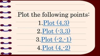 Plot the following points:
1.Plot (4,3)
2.Plot (-3,3)
3.Plot (-2,-1)
4.Plot (4,-2)
 