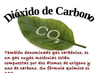 También denominado gas carbónico, es
un gas cuyas moléculas están
compuestas por dos átomos de oxígeno y
uno de carbono. Su fórmula química es
 