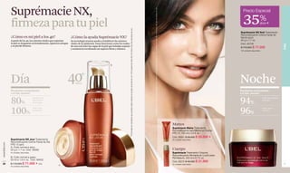 Suprémacie NX,




                                                                                                                                                                                                                                                                                 *Porcentaje de voluntarias que percibió estas mejoras en prueba de producto con 117 mujeres de entre 39 a 53 años a las dos semanas de uso.
                                                                                                                                                                                                                                                                                                                                                                                                                                                                            Precio Especial


               firmeza para tu piel                                                                                                                                                                                                                                                                                                                                                                                                                                         35%                   dcto ✦




                                                                                                                                   *Porcentaje de voluntarias que percibió estas mejoras en prueba de producto con 130 mujeres de entre 39 a 53 años a las dos semanas de uso.
                                                                                                                                                                                                                                                                                                                                                                                                                                                                          Suprémacie NX Nuit Tratamiento
                                                                                                                                                                                                                                                                                                                                                                                                                                                                          Reconstituyente Crema Facial de
               ¿Cómo es mi piel a los 40?                              ¿Cómo la ayuda Suprémacie NX?                                                                                                                                                                                                                                                                                                                                                                      Noche (pm)
               A partir de los 40, las uniones vitales que soportan    Su tecnología tensora ayuda a restablecer las uniones                                                                                                                                                                                                                                                                                                                                              50 g e 1.7 oz.
               la piel se desgastan aceleradamente, aparecen arrugas   vitales de la epidermis. Estas funcionan como los nudos                                                                                                                                                                                                                                                                                                                                            Cód. 00726




                                                                                                                                                                                                                                                                                                                                                                                                                                                                                                                             PIEL
               y se pierde firmeza.                                    de una red entre las capas de la piel que brindan soporte
                                                                                                                                                                                                                                                                                                                                                                                                                                                                          $ 110.000 $ 77.500
                                                                       y resistencia recobrando un aspecto firme y elástico.
                                                                                                                                                                                                                                                                                                                                                                                                                                                                          100 unidades disponibles.




                                                                                                             B




               Día                                                 40      años                                                                                                                                                                                                                                                                                                                                                                                           Noche
               Resultados comprobados                                                                                                                                                                                                                                                                                                                                                                                                                                     Resultados comprobados
               a la 2da. semana*                                                                                                                                                                                                                                                                                                                                                                                                                                          a la 2da. semana.*



               80%                        percibió una
                                          disminución
                                          de arrugas.                                                                                                                                                                                                                                                                                                                                                                                                                     94%                         sintió mayor firmeza
                                                                                                                                                                                                                                                                                                                                                                                                                                                                                                      en la piel.




               100%                       sintió más
                                          hidratación.
                                                                                                                                                                                                                                                                                                                                                                                                                                                                          96%                         sintió mayor
                                                                                                                                                                                                                                                                                                                                                                                                                                                                                                      nutrición.




                                                                                                                                                                                                                                                                                                                                                                                                                               Manos
                                                                                                                                                                                                                                                                                                                                                                                                                               Suprémacie Mains Tratamiento
                                                                                                                                                                                                                                                                                                                                                                                                                               Reconstituyente para Manos en Crema
                                                                                                                                                                                                                                                                                                                                                                                                                               FPS 15. 100 ml e 3.3 fl. oz.
                                                                                                                                                                                                                                                                                                                                                                                                                               Cód. 26501 $ 39.000 $      25.500 ✦
               Suprémacie NX Jour Tratamiento                                                                                                                                                                                                                                                                                                                                                                                  50 unidades disponibles.
               Reconstituyente Crema Facial de Día
www.lbel.com




               FPS 15 (am)
               A. Cutis normal a seco.
               50 g e 1.7 oz. Cód. 06282                                                                                                                                                                                                                                                                                                                                                                                       Cuerpo
               40 unidades disponibles.                                                                                                                                                                                                                                                                                                                                                                                        Suprémacie Tratamiento Corporal
                                                                                                                                                                                                                                                                                                                                                                                                                               Reconstituyente Afirmante en Loción para
               B. Cutis normal a graso.                                                                                                                                                                                                                                                                                                                                                                                        Piel Madura. 200 ml e 6.7 fl. oz.
               50 ml e 1.6 fl. oz. Cód. 06452
                                                                                                                                                                                                                                                                                                                                                                                                                               Cód. 00270 $ 46.000 $ 31.900
 20            $ 110.000 $       71.500 ✦ c/u                                                                                                                                                                                                                                                                                                                                                                                  50 unidades disponibles.                                                                      21
                                                           A
               40 unidades disponibles.
 
