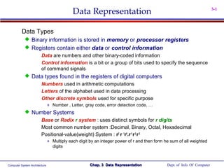 Data Representation

3-1

Data Types
 Binary information is stored in memory or processor registers
 Registers contain either data or control information
Data are numbers and other binary-coded information
Control information is a bit or a group of bits used to specify the sequence
of command signals

 Data types found in the registers of digital computers
Numbers used in arithmetic computations
Letters of the alphabet used in data processing
Other discrete symbols used for specific purpose
» Number , Letter, gray code, error detection code, …

 Number Systems
Base or Radix r system : uses distinct symbols for r digits
Most common number system :Decimal, Binary, Octal, Hexadecimal
Positional-value(weight) System : r2 r 1r0.r-1 r-2 r-3
» Multiply each digit by an integer power of r and then form he sum of all weighted
digits

Computer System Architecture

Chap. 3 Data Representation

Dept. of Info. Of Computer

 