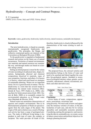 Congreso Internacional del Agua – Termalismo y Calidad de Vida. Campus da Auga, Ourense, Spain, 2015.
Introduction
The term hydrodiversity, is based on concepts
internationally recognized biodiversity and
geodiversity. The principles, the Range, and
collective contractual parties are interests of the
Convention on Biological Diversity (CBD).
To the geodiversity is regarded as fundamental
research and actions on the future use of natural
occurrences. Territories of natural environments,
raw materials and natural resources are sustaina-
ble way, and through studies are based on scien-
tific ratings criteria.
Setting an initial proposal, it must be the variety
of water according to its physical state, shapes, lo-
cations, backgrounds, physical and chemical
compositions dissolved in materials, types of
uses, properties, functions, and others. It is known
it is known, valued and used based on strategies
of sustainable planning. Waters are an important
factor, for it is a great diversity in nature. This hy-
drodiversity is a term that has several means to
differentiate the natural water resources (Men-
diondo & Tucci, 1997; Oudin et al., 2008), valu-
ing them for better preservation (Graf, 2001; Sis-
mic & Belij, 2008) or to exemplify content for
environmental education, as in Portugal water
sites (Machado & Oliveira, 2010).
Natural waters are anomalous characteristics of
aqueous and complex environments. Due to its
thermodynamic properties of fluids are special re-
agents from the early stages of the planet. The
origin of life and evolution was a result of biolog-
ical activity has been a surge of geological pro-
cess. The study of different living beings is de-
pendent in each type of water, the complex or
incipient. The water provides all kinds of life;
therefore, biodiversity is closely influenced by the
characteristics of the water existing in each re-
gion.
Figure 1. Waters Environments Illustrations (Brazil).
The proposed focus, the colossal varieties and
particularities belong to the forms of water and
need to be searched and linked together the com-
plex bio-geological aspects. Intended to aware-
ness of ecological intrinsic values, genetic, social,
scientific, educational, cultural, recreational, aes-
thetic and other derivative use).
Table 1. Some Waters Types.
Footprint Form Site Use
Blue Liquid Snow-Rain Potable
Green Gas Sea-river-lake Drink
Gray Ice Spring-Ground Bottled
Conclusion
Given forms of water, compositions, appear-
ances, associations, occurrence and
using diversity. We must seek to know and appre-
ciate the immense varieties of waters, to the par-
ticularities of each case, and also for its various
specialties and sustainable economic potential.
Considering starting this perspective and maxim-
izing the idea its sustainable use, we create a sense
of nature conservation and political objectives for
strategic planning decision.
Hydrodiversity: – Concept and Contract Propose.
F. T. Lazzerini
OMTh, Levico Terme, Italy and UFES, Vitória, Brazil.
Keywords: waters, geodiversity, biodiversity, hydric diversity, natural resources, sustainable development.
 
