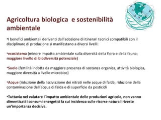 Agricoltura biologica  e sostenibilità  ambientale I benefici ambientali derivanti dall’adozione di itinerari tecnici compatibili con il disciplinare di produzione si manifestano a diversi livelli:  ecosistema  (minore impatto ambientale sulla diversità della flora e della fauna;  maggiore livello di biodiversità potenziale) Suolo  (fertilità indotta da maggiore presenza di sostanza organica, attività biologica, maggiore diversità a livello microbico) Acque  (riduzione della lisciviazione dei nitrati nelle acque di falda, riduzione della contaminazione dell’acqua di falda e di superficie da pesticidi Tuttavia nel valutare l’impatto ambientale delle produzioni agricole, non vanno dimenticati i consumi energetici la cui incidenza sulle risorse naturali riveste un’importanza decisiva.  