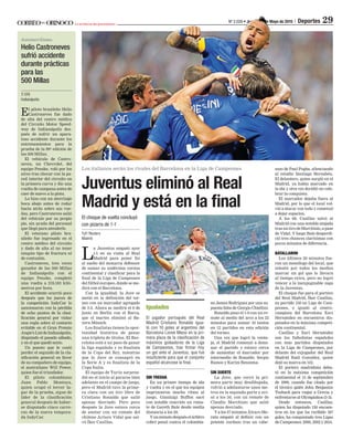 Nº 2.026 | 29La artillería del pensamiento
zazo de Paul Pogba, silenciando
al estadio Santiago Bernabéu.
El delantero, quien surgió en el
Madrid, ya había marcado en
la ida y otra vez decidió no cele-
brar la conquista.
El marcador dejaba fuera al
Madrid, por lo que el local vol-
vió a atacar con todo y comenzó
a dejar espacios.
A los 69, Casillas salvó al
Madrid con una notable atajada
trasuntirodeMarchisio,apase
de Vidal. Y luego Bale desperdi-
ció tres chances clarísimas con
pocos minutos de diferencia.
BATALLARON
Los últimos 20 minutos fue-
ron un monólogo del local, que
intentó por todos los medios
marcar un gol que lo llevara
al tiempo extra, pero no logró
vencer a la inexpugnable zaga
de la Juventus.
El choque fue para el portero
del Real Madrid, Íker Casillas,
su partido 150 en Liga de Cam-
peones, e igualó al centro-
campista del Barcelona Xavi
Hernández en encuentros dis-
putados en la máxima competi-
ción continental.
Casillas y Xavi Hernández
son los futbolistas españoles
con más partidos disputados
en la Liga de Campeones, por
delante del exjugador del Real
Madrid Raúl González, quien
dejó su marca en 142.
El portero madridista debu-
tó en la máxima competición
continental el 15 de septiembre
de 1999, cuando fue citado por
el técnico galés John Benjamin
Toshack para viajar a Grecia y
enfrentarse al Olympiakos (3-3).
Desde entonces, Casillas,
quien ha disputado 150 encuen-
tros en los que ha recibido 167
goles, ha conquistado tres Ligas
de Campeones: 2000, 2002 y 2014.
El choque de vuelta concluyó
con pizarra de 1-1
TyF/ Reuters
Madrid
L
a Juventus empató ayer
1-1 en su visita al Real
Madrid para poner ﬁn
al sueño del monarca defensor
de sumar su undécima corona
continental y clasiﬁcar para la
ﬁnal de la Liga de Campeones
del fútbol europeo, donde se me-
dirá con el Barcelona.
Con la igualdad, la Juve se
metió en la deﬁnición del tor-
neo con un marcador agregado
de 3-2. Ahora se medirá el 6 de
junio en Berlín con el Barca,
que el martes eliminó al Ba-
yern Múnich.
Los ﬁnalistas tienen la opor-
tunidad histórica de ganar
una tripleta de títulos. El Bar-
celona está a un paso de ganar
la liga española y es ﬁnalista
de la Copa del Rey, mientras
que la Juve se consagró en
la Serie A y es ﬁnalista de la
Copa Italia.
El equipo de Turín sorpren-
dió en el inicio al pararse bien
adelante en el campo de juego,
pero el Madrid tuvo la prime-
ra clara con un tiro libre de
Cristiano Ronaldo que salió
apenas desviado. Pero poco
después la Juve estuvo cerca
de anotar con un remate del
chileno Arturo Vidal que sal-
vó Íker Casillas.
SIN TREGUA
En un primer tiempo de ida
y vuelta y en el que los equipos
imprimieron mucho ritmo al
juego, Gianluigi Buffon sacó
con notable reacción un rema-
te de Gareth Bale desde media
distancia a los 20.
Yunminutodespuéselárbitro
cobró penal contra el colombia-
no James Rodríguez por una su-
puesta falta de Giorgio Chiellini.
Ronaldo puso el 1-0 con un re-
mate al medio del arco a los 22
minutos para sumar 10 tantos
en 12 partidos en esta edición
del torneo.
Una vez que logró la venta-
ja, el Madrid comenzó a domi-
nar el partido y estuvo cerca
de aumentar el marcador por
intermedio de Ronaldo, Sergio
Ramos y Karim Benzema.
SIN SUERTE
La Juve, que cerró la pri-
mera parte muy desdibujada,
volvió a adelantarse unos me-
tros en la segunda parte y avi-
só a los 50, con un remate de
Claudio Marchisio que salió
apenas desviado.
Y a los 57 minutos Álvaro Mo-
rata empató al deﬁnir con un
potente zurdazo tras un cabe-
Automovilismo
Helio Castroneves
sufrió accidente
durante prácticas
para las
500 Millas
T/ EFE
Indianápolis
El piloto brasileño Helio
Castroneves fue dado
de alta del centro médico
del Circuito Motor Speed-
way de Indianápolis des-
pués de sufrir un apara-
toso accidente durante los
entrenamientos para la
prueba de la 99a
edición de
las 500 Millas.
El vehículo de Castro-
neves, un Chevrolet, del
equipo Penske, voló por los
aires tras chocar con la pa-
red interior del circuito en
la primera curva y dio una
vuelta de campana antes de
caer de nuevo a la pista.
Lo hizo con un aterrizaje
boca abajo antes de rodar
hacia atrás sobre sus rue-
das, pero Castroneves salió
del vehículo por su propio
pie, sin ayuda del personal
que llegó para atenderlo.
El veterano piloto bra-
sileño fue ingresado en el
centro médico del circuito
y dado de alta al no tener
ningún tipo de fractura ni
de contusión.
Castroneves, tres veces
ganador de las 500 Millas
de Indianápolis con el
equipo Penske, completó
una vuelta a 219,183 kiló-
metros por hora.
El accidente ocurrió poco
después que los jueces de
la competición IndyCar lo
sancionaron con la pérdida
de ocho puntos de la clasi-
ﬁcación general por violar
una regla sobre el contacto
evitable en el Gran Premio
Angie’s List de Indianápolis,
disputado el pasado sábado,
y en el que quedó sexto.
Un puesto que le costó
perder el segundo de la cla-
siﬁcación general en favor
de su compañero de equipo,
el australiano Will Power,
quien fue el triunfador.
El piloto colombiano
Juan Pablo Montoya,
quien ocupó el tercer lu-
gar de la prueba, sigue de
líder de la clasiﬁcación
general después de haber-
se disputado cinco carre-
ras de la nueva tempora-
da IndyCar.
Los italianos serán los rivales del Barcelona en la Liga de Campeones
El jugador portugués del Real
Madrid Cristiano Ronaldo igua-
ló con 10 goles al argentino del
Barcelona Lionel Messi en la pri-
mera plaza de la clasiﬁcación de
máximos goleadores de la Liga
de Campeones, tras ﬁrmar hoy
un gol ante el Juventus, que fue
insuﬁciente para que el conjunto
español alcanzase la ﬁnal.
 