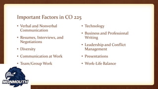 Important Factors in CO 225
• Verbal and Nonverbal
Communication
• Resumes, Interviews, and
Negotiations
• Diversity
• Communication at Work
• Team/Group Work
• Technology
• Business and Professional
Writing
• Leadership and Conflict
Management
• Presentations
• Work-Life Balance
 