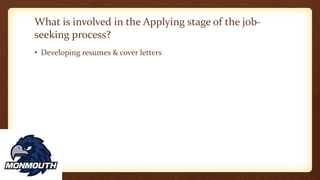 What is involved in the Applying stage of the job-
seeking process?
• Developing resumes & cover letters
 