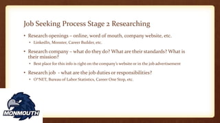 Job Seeking Process Stage 2 Researching
• Research openings – online, word of mouth, company website, etc.
• LinkedIn, Monster, Career Builder, etc.
• Research company – what do they do? What are their standards? What is
their mission?
• Best place for this info is right on the company’s website or in the job advertisement
• Research job - what are the job duties or responsibilities?
• O*NET, Bureau of Labor Statistics, Career One Stop, etc.
 