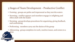 5 Stages of Team Development – Productive Conflict
• Forming: groups are polite and impersonal as they test the waters
• Storming: conflict appears and members engage in infighting and
often clash with the leader
• Norming: group develops procedures for organizing, giving feedback,
and confronting
• Performing: members carry out the duties of the group
• Adjourning: group completes its work, resolves issues, and comes to a
close
 