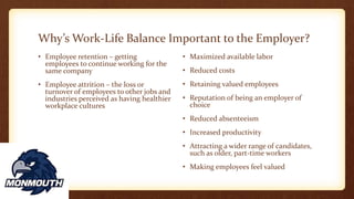 Why’s Work-Life Balance Important to the Employer?
• Employee retention – getting
employees to continue working for the
same company
• Employee attrition – the loss or
turnover of employees to other jobs and
industries perceived as having healthier
workplace cultures
• Maximized available labor
• Reduced costs
• Retaining valued employees
• Reputation of being an employer of
choice
• Reduced absenteeism
• Increased productivity
• Attracting a wider range of candidates,
such as older, part-time workers
• Making employees feel valued
 