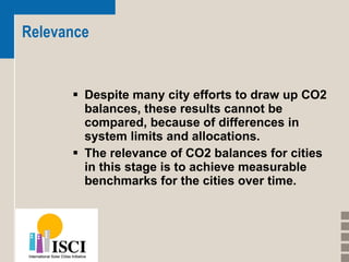 Relevance Despite many city efforts to draw up CO2 balances, these results cannot be compared, because of differences in system limits and allocations.  The relevance of CO2 balances for cities in this stage is to achieve measurable benchmarks for the cities over time. 