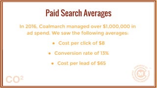 In 2016, Coalmarch managed over $1,000,000 in
ad spend. We saw the following averages:
● Cost per click of $8
● Conversion rate of 13%
● Cost per lead of $65
Paid Search Averages
 