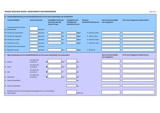 INVOER GEGEVENS WOON- WERKVERKEER VAN WERKNEMERS EGCC-10.3
H. Standaardberekening van het brandstofverbruik van het woon-werkverkeer van werknemers
Transportmiddelen Naam verantwoordelijke
voor de gegevens
Vul in waar de gegevens vandaan komen
H1
Aantal werknemers met een
bedrijfswagen personen
H2 Vervoer per benzineauto personen km dagen 0 benzine in liters
H3 Vervoer per dieselauto personen km dagen 0 diesel in liters
H4 Vervoer per scooter personen km dagen 0 benzine in liters
H5 Vervoer per motor personen km dagen 0 benzine in liters
H6 Reist per fiets/ komt lopend personen
H7 Openbaar vervoer personen km dagen 0 kg CO2 eq
I. Eigen berekening van het brandstofverbruik van het woon-werkverkeer van werknemers Naam verantwoordelijke
voor de gegevens
Vul in waar de gegevens vandaan komen
I1 Benzine  liter kg
I2 Diesel  liter kg
I3 LPG  m
3
kg
I4 Elektriciteit  kwh MJ
I5 Andere brandstoffen kg
I6 Andere brandstoffen kg
I7 kg CO2 eq
Berekende emissies van het openbaarvervoergebruik m.b.v. een openbare
rekenmodule
Berekend
brandstofverbruik per jaar
Vul alleen één
invulveld in
Vul alleen één
invulveld in
Vul alleen één
invulveld in
Vul alleen één
invulveld in
Aantal werknemers Gemiddelde afstand per
werknemer per dag
(heen en terug)
Gemiddeld aantal
werkdagen per
werknemer per jaar
 