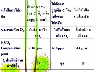 ไม่เกดการ
                                        ิ
                 ประมาณ 25%
4. โฟโตเรสไปเร                    สู ญเสี ย C โดย ไม่เกดโฟโต
                                                       ิ
                 ของ C ทีถูกตรึง
                             ่
ชัน                               โฟโตเรส         เรสไปเรชัน
                 จะสู ญเสี ยออกไป
                                  ไปเรชัน
5. ผลของก๊ าซ O2 ยบย้งการตรึง
                    ั ั              ไม่ยบย้งการ ไม่ยบย้งการ
                                          ั ั            ั ั
                        CO2           ตรึง CO2       ตรึง CO2
6. CO2
Compensation 0 -110 ppm           1-10 ppm        1-10 ppm
point
 7. ประสิ ทธิภาพ
                         ต่า
                           ํ               สู ง           สู ง
     การใช้ นํา
              ้
 