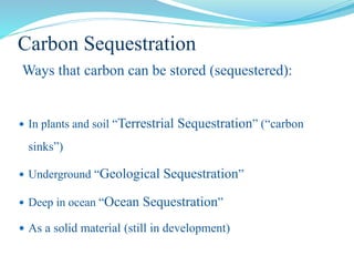 Carbon Sequestration
Ways that carbon can be stored (sequestered):
 In plants and soil “Terrestrial Sequestration” (“carbon
sinks”)
 Underground “Geological Sequestration”
 Deep in ocean “Ocean Sequestration”
 As a solid material (still in development)
 