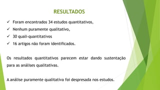 ✓ Foram encontrados 34 estudos quantitativos,
✓ Nenhum puramente qualitativo,
✓ 30 quali-quantitativos
✓ 16 artigos não foram identificados.
Os resultados quantitativos parecem estar dando sustentação
para as análises qualitativas.
A análise puramente qualitativa foi despresada nos estudos.
RESULTADOS
 
