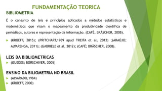 FUNDAMENTAÇÃO TEORICA
BIBLIOMETRIA
É o conjunto de leis e princípios aplicados a métodos estatísticos e
matemáticos que visam o mapeamento da produtividade científica de
periódicos, autores e representação da informação. (CAFÉ; BRÄSCHER, 2008).
 (KROEFF, 2015); (PRITCHART,1969 apud TREITA et al, 2012) ;(ARAÚJO;
ALVARENGA, 2011); (GABRIELE et al, 2012); (CAFÉ; BRÄSCHER, 2008).
LEIS DA BIBLIOMETRICAS
 (GUEDES; BORSCHIVER, 2005)
ENSINO DA BILIOMETRIA NO BRASIL
 (ALVARADO,1984)
 (KROEFF, 2000)
 