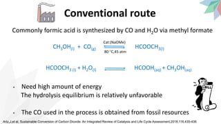 Conventional route
Commonly formic acid is synthesized by CO and H2O via methyl formate
• Need high amount of energy
The hydrolysis equilibrium is relatively unfavorable
• The CO used in the process is obtained from fossil resources
Artz,J,et al, Sustainable Conversion of Carbon Dioxide: An Integrated Review of Catalysis and Life Cycle Assessment,2018,118,435-436
CH3OH(l) + CO(g) HCOOCH3(l)
Cat:(NaOMe)
80 °C,45 atm
HCOOCH3 (l) + H2O(l) HCOOH(aq) + CH3OH(aq)
 